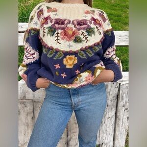 Vintage Bronte Knitted by Hand Cottagecore Granny Floral Sweater Size Large